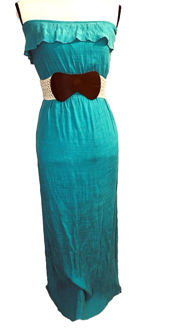 Trixxi Strapless Maxi Dress Womens Small Green Crepe Tube Top Belted Ruffled